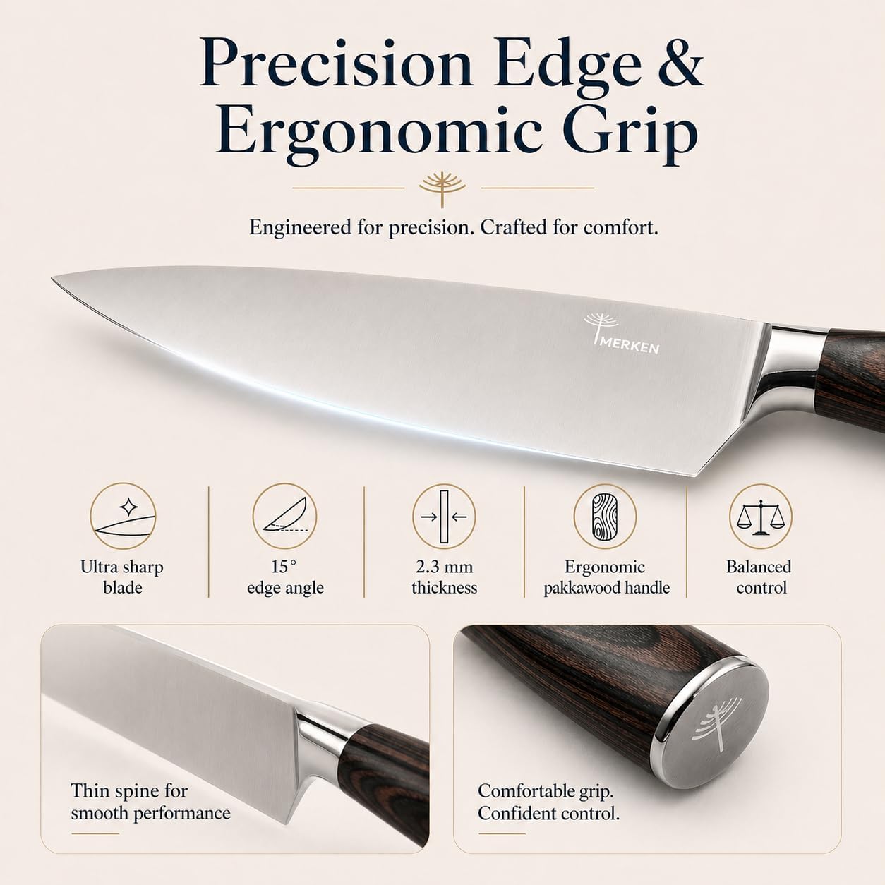 7-Inch Santoku Knife, High-Carbon Stainless Steel, Pakkawood Handle | 5Cr15MoV steel, 7-inch hollow-edge blade, Pakkawood handle, for slicing, dicing and mincing produce and proteins