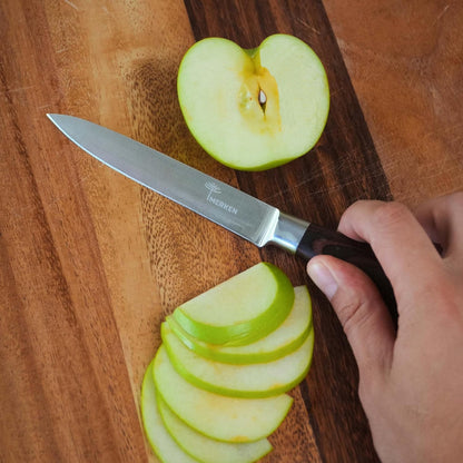 7-Inch Santoku Knife, High-Carbon Stainless Steel, Pakkawood Handle | 5Cr15MoV steel, 7-inch hollow-edge blade, Pakkawood handle, for slicing, dicing and mincing produce and proteins