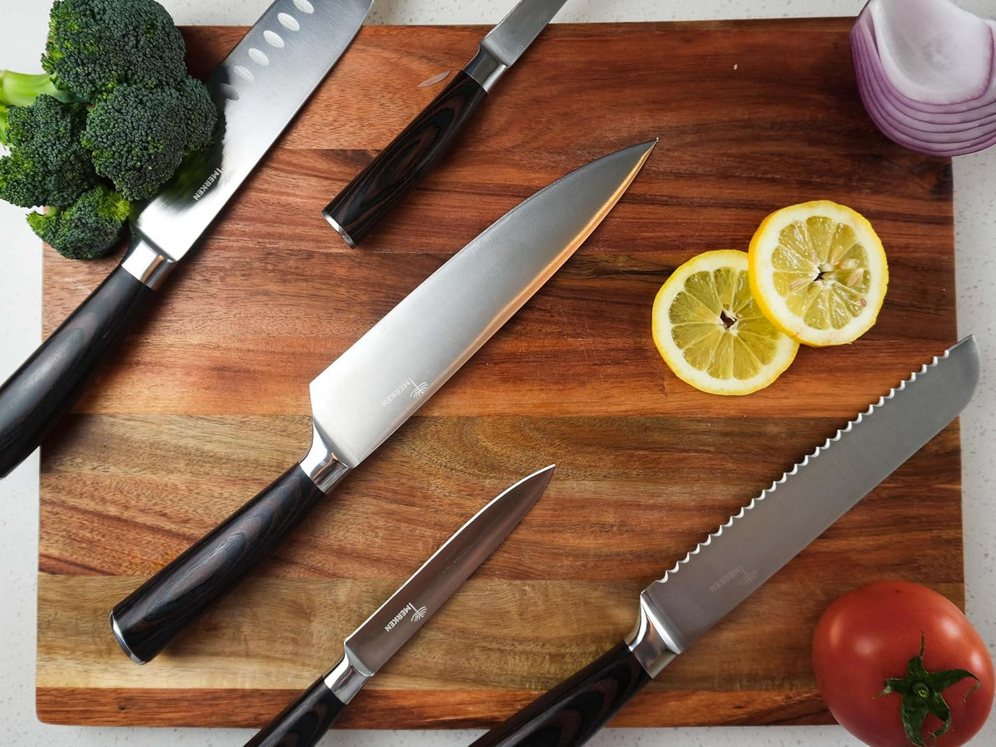 7-Inch Santoku Knife, High-Carbon Stainless Steel, Pakkawood Handle | 5Cr15MoV steel, 7-inch hollow-edge blade, Pakkawood handle, for slicing, dicing and mincing produce and proteins