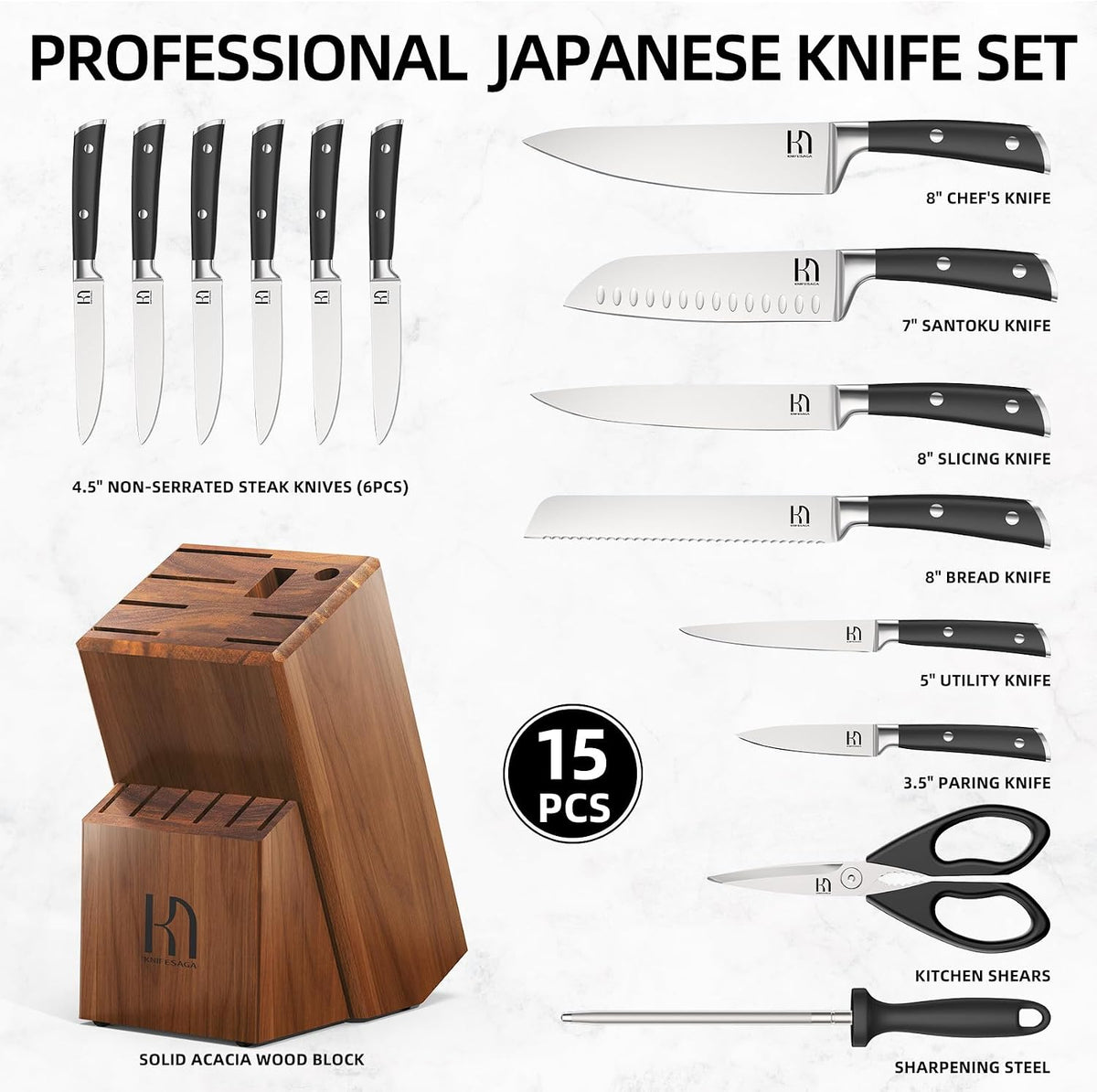 KnifeSaga 15 Pcs Japanese Knife Set with Sharpener, Razor Sharp, Premuim