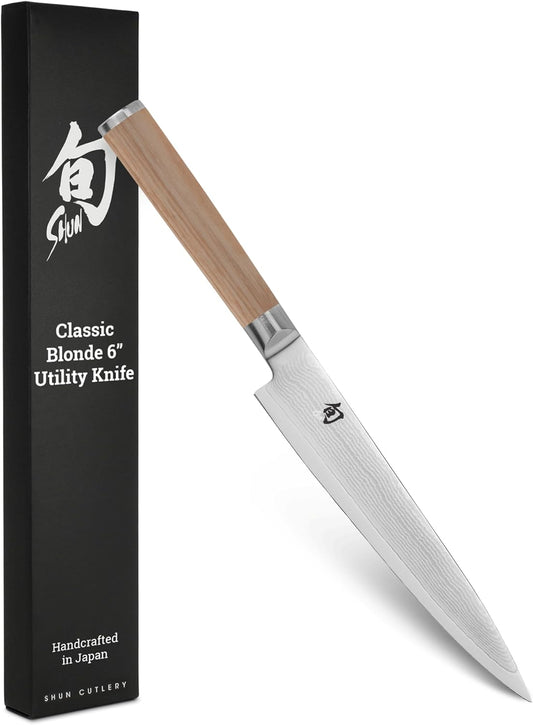 Classic Blonde 6" Utility Knife | Handcrafted Japanese Kitchen Knife, Precision and Sharpness, VG-MAX Core, Damascus Stainless Steel Cladding, Pakkawood Handle
