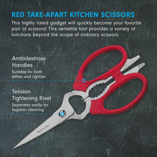 8-Inch Take-Apart Kitchen Scissors, Red - Includes Screwdriver, Nut Cracker, Jar Lid Opener/Gripper, Bottle Opener & Bone + Twig Cutter - Suitable for Lefties & Righties
