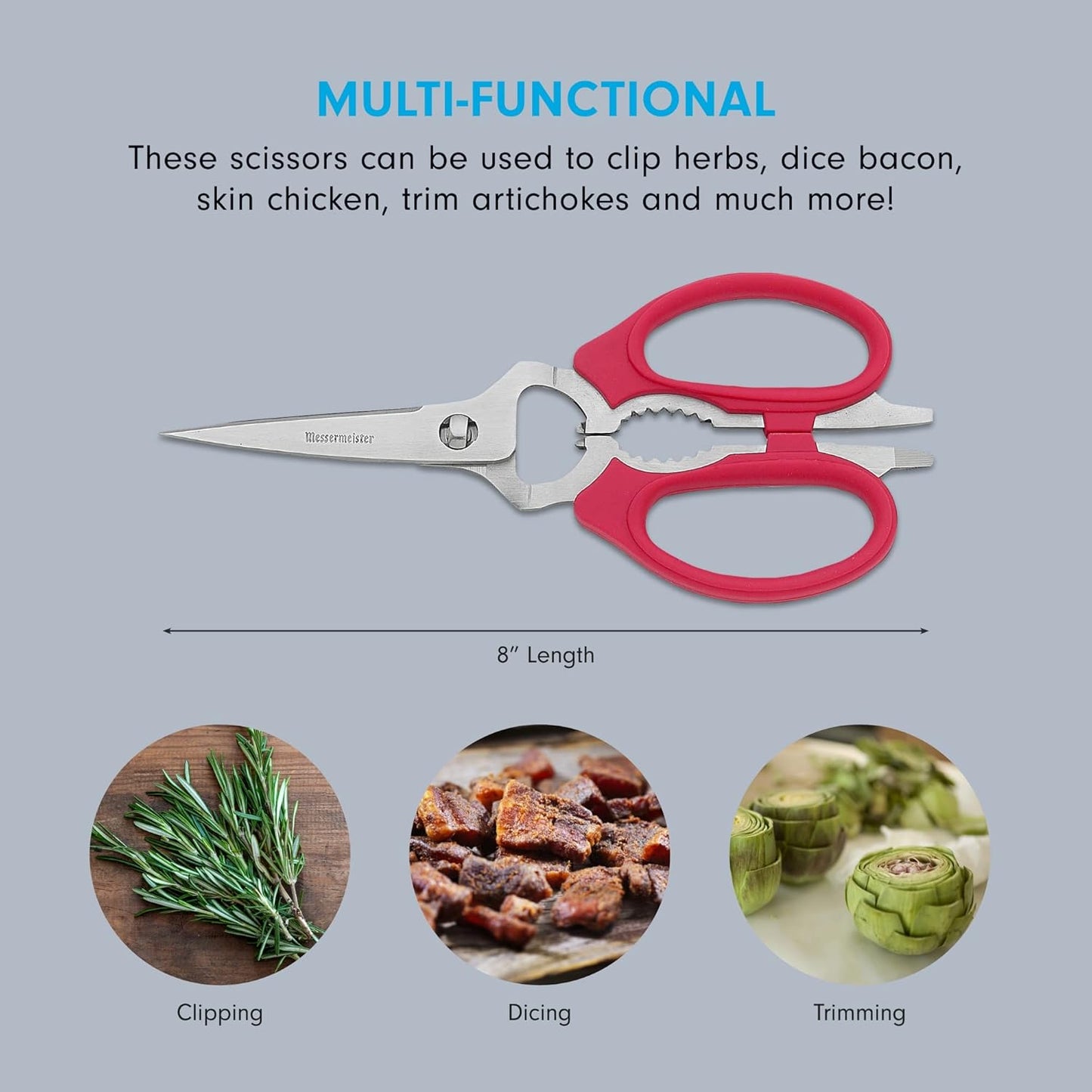 8-Inch Take-Apart Kitchen Scissors, Red - Includes Screwdriver, Nut Cracker, Jar Lid Opener/Gripper, Bottle Opener & Bone + Twig Cutter - Suitable for Lefties & Righties