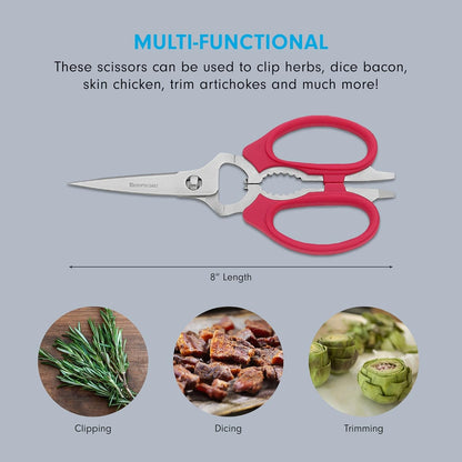 8-Inch Take-Apart Kitchen Scissors, Red - Includes Screwdriver, Nut Cracker, Jar Lid Opener/Gripper, Bottle Opener & Bone + Twig Cutter - Suitable for Lefties & Righties