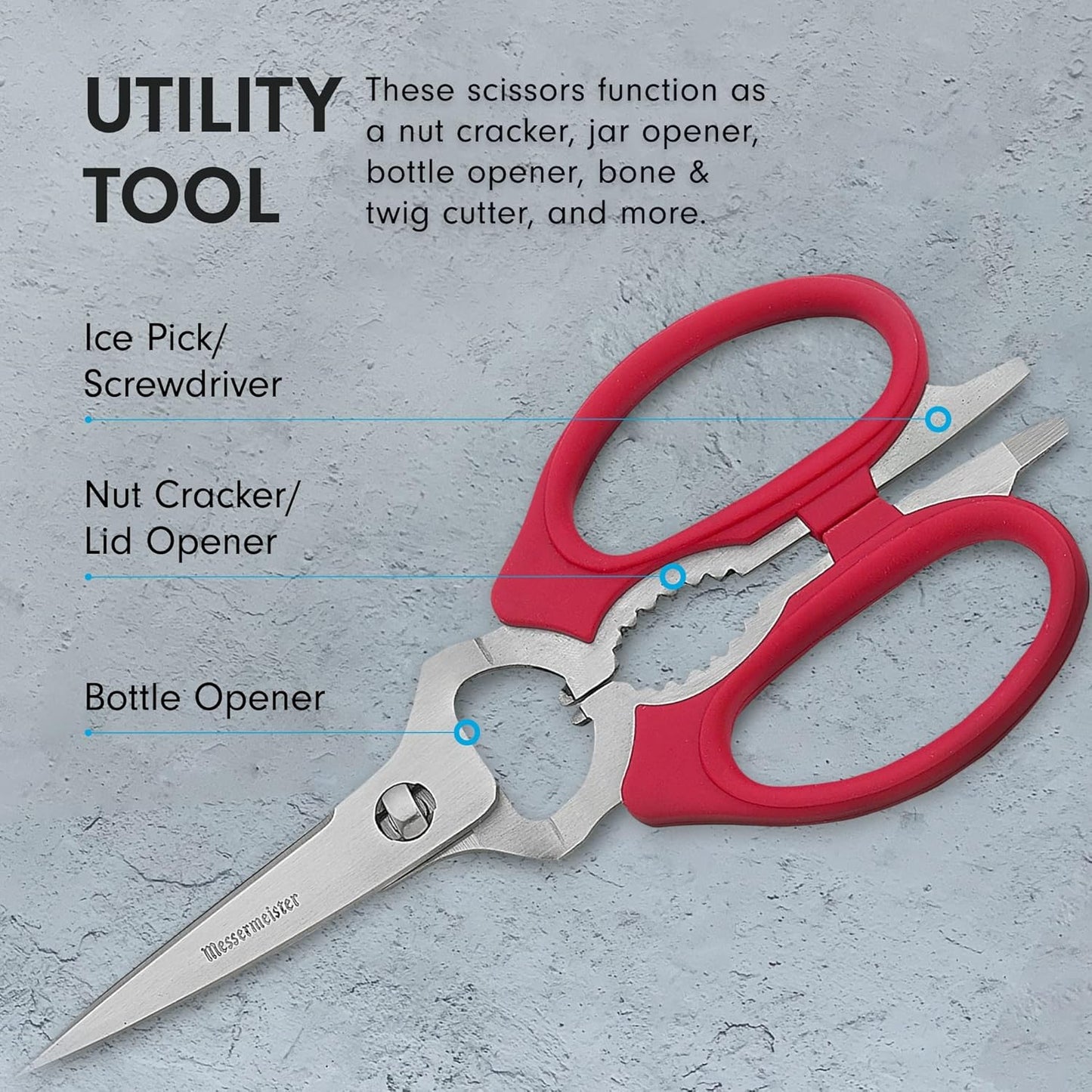 8-Inch Take-Apart Kitchen Scissors, Red - Includes Screwdriver, Nut Cracker, Jar Lid Opener/Gripper, Bottle Opener & Bone + Twig Cutter - Suitable for Lefties & Righties