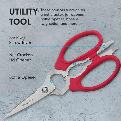8-Inch Take-Apart Kitchen Scissors, Red - Includes Screwdriver, Nut Cracker, Jar Lid Opener/Gripper, Bottle Opener & Bone + Twig Cutter - Suitable for Lefties & Righties