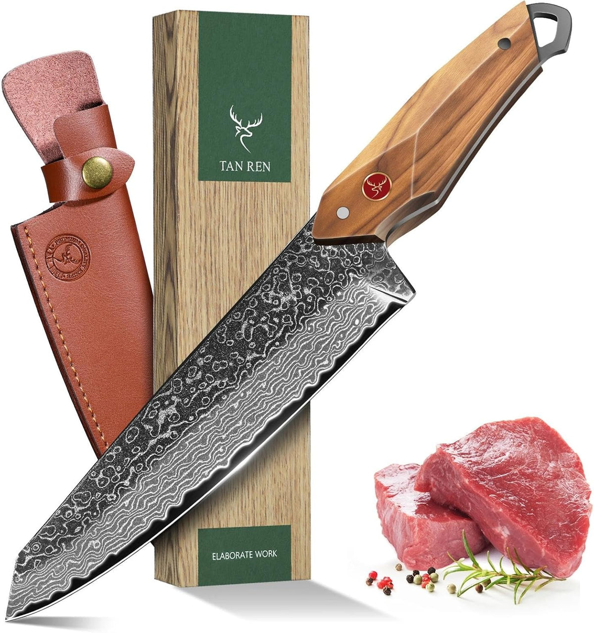 TAN REN Damascus Chef Knife 6 inch with Sheath, Japanese Kiritsuke Knife