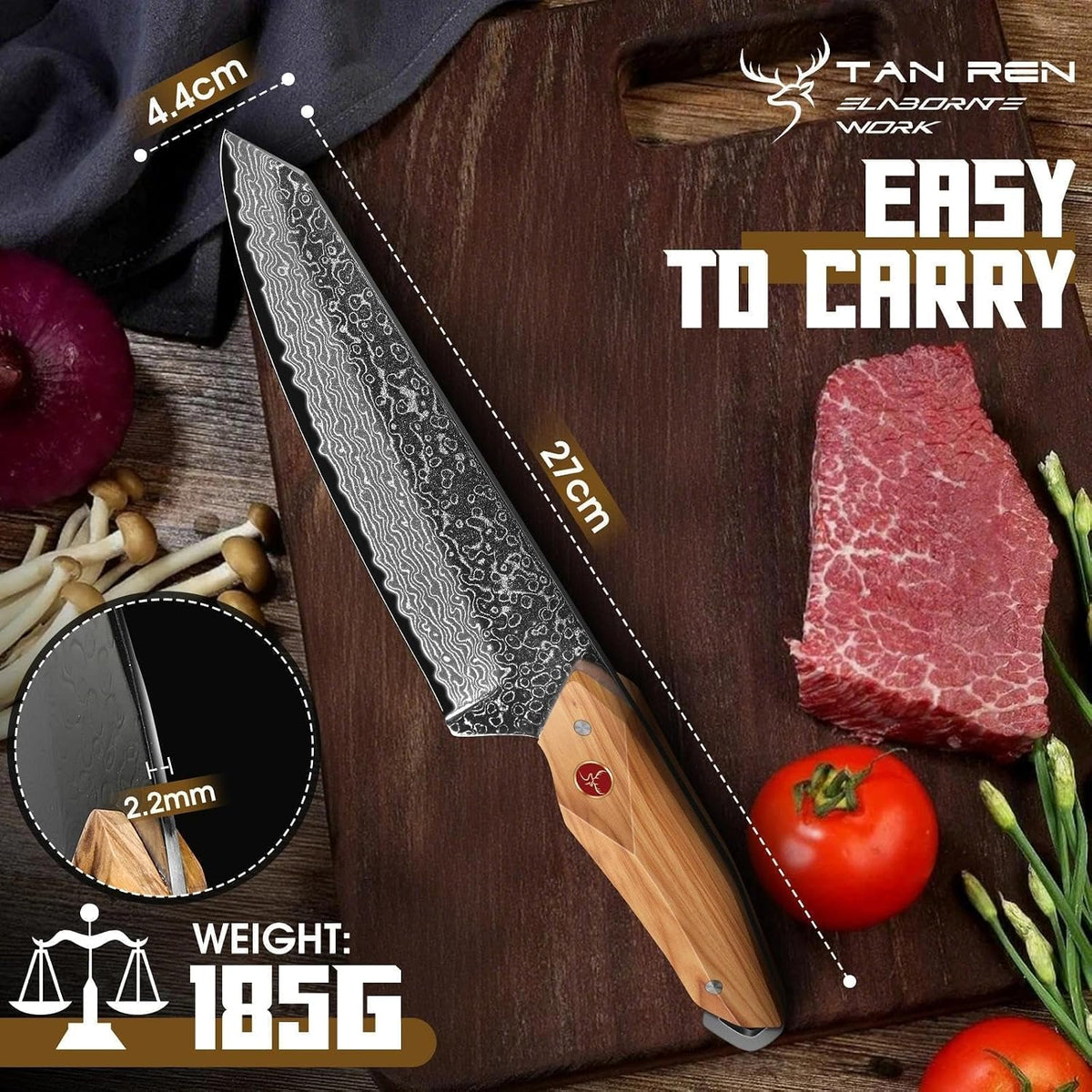 TAN REN Damascus Chef Knife 6 inch with Sheath, Japanese Kiritsuke Knife