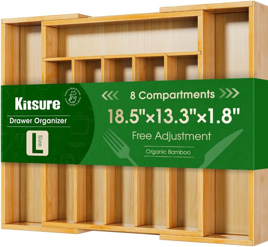 Silverware Organizer - Expandable Bamboo Kitchen Drawer Organizer for Cooking Utensils and Cutlery, Sturdy & Thickened Kitchen Organizers and Storage Solution, Large, Natural
