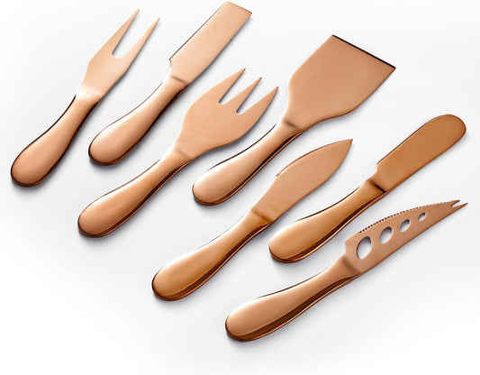 Copper Cheese Knives Set 7 Pieces Stainless Steel Kitchenware Utensils Gadgets 7 Pieces Cheese Knife,Cheese Spreader,Cheese Forks,Cheese Slicer,Cheese Cutter,Butter Knife