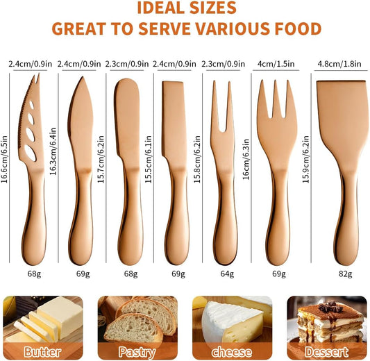 Copper Cheese Knives Set 7 Pieces Stainless Steel Kitchenware Utensils Gadgets 7 Pieces Cheese Knife,Cheese Spreader,Cheese Forks,Cheese Slicer,Cheese Cutter,Butter Knife