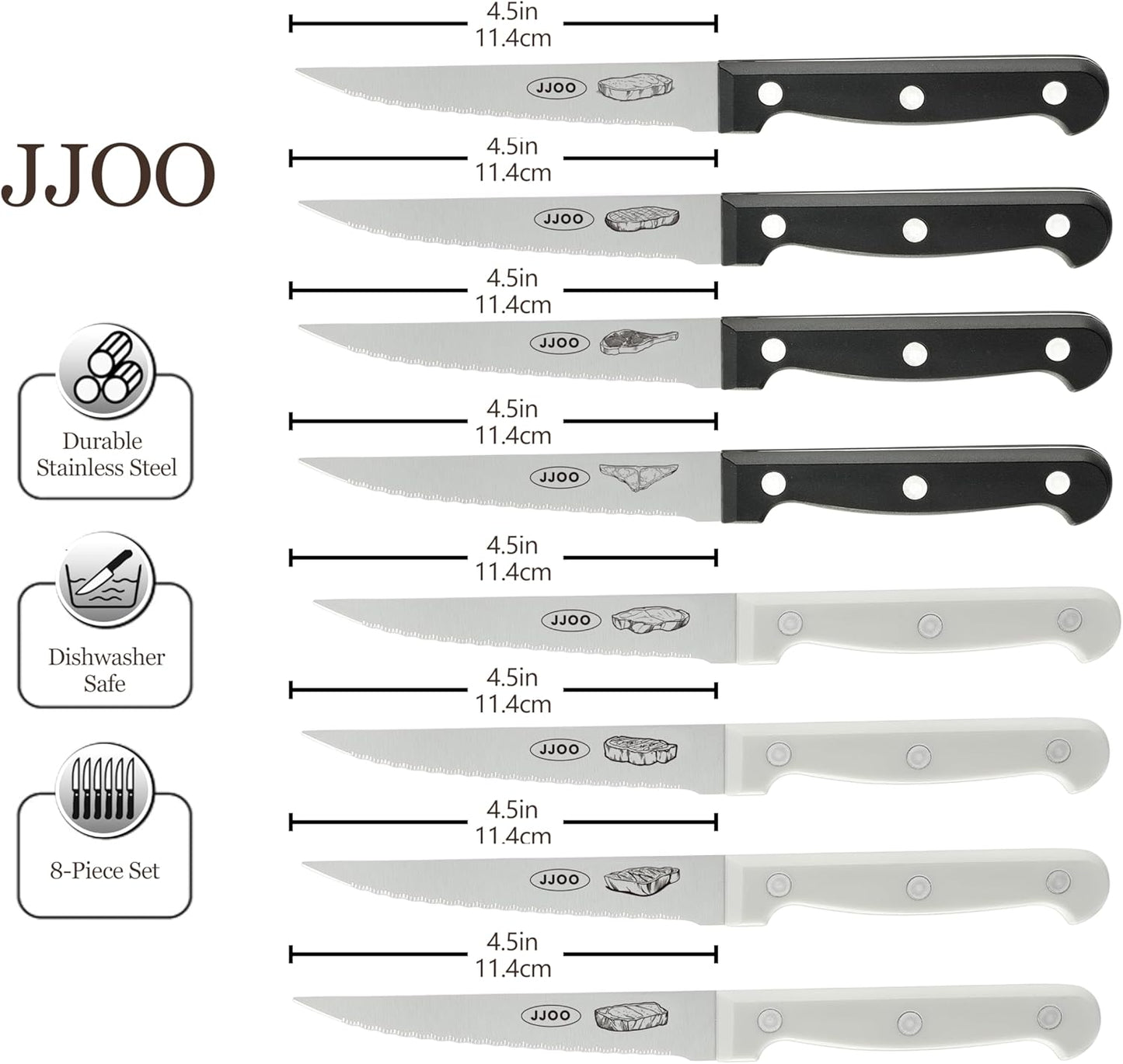 Steak Knives Set of 8, Serrated Steak Knives Set of 4 for Black and 4 for White, Dishwasher Safe (Unique Pattern)