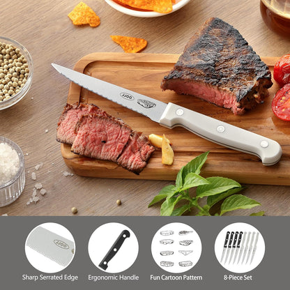 Steak Knives Set of 8, Serrated Steak Knives Set of 4 for Black and 4 for White, Dishwasher Safe (Unique Pattern)