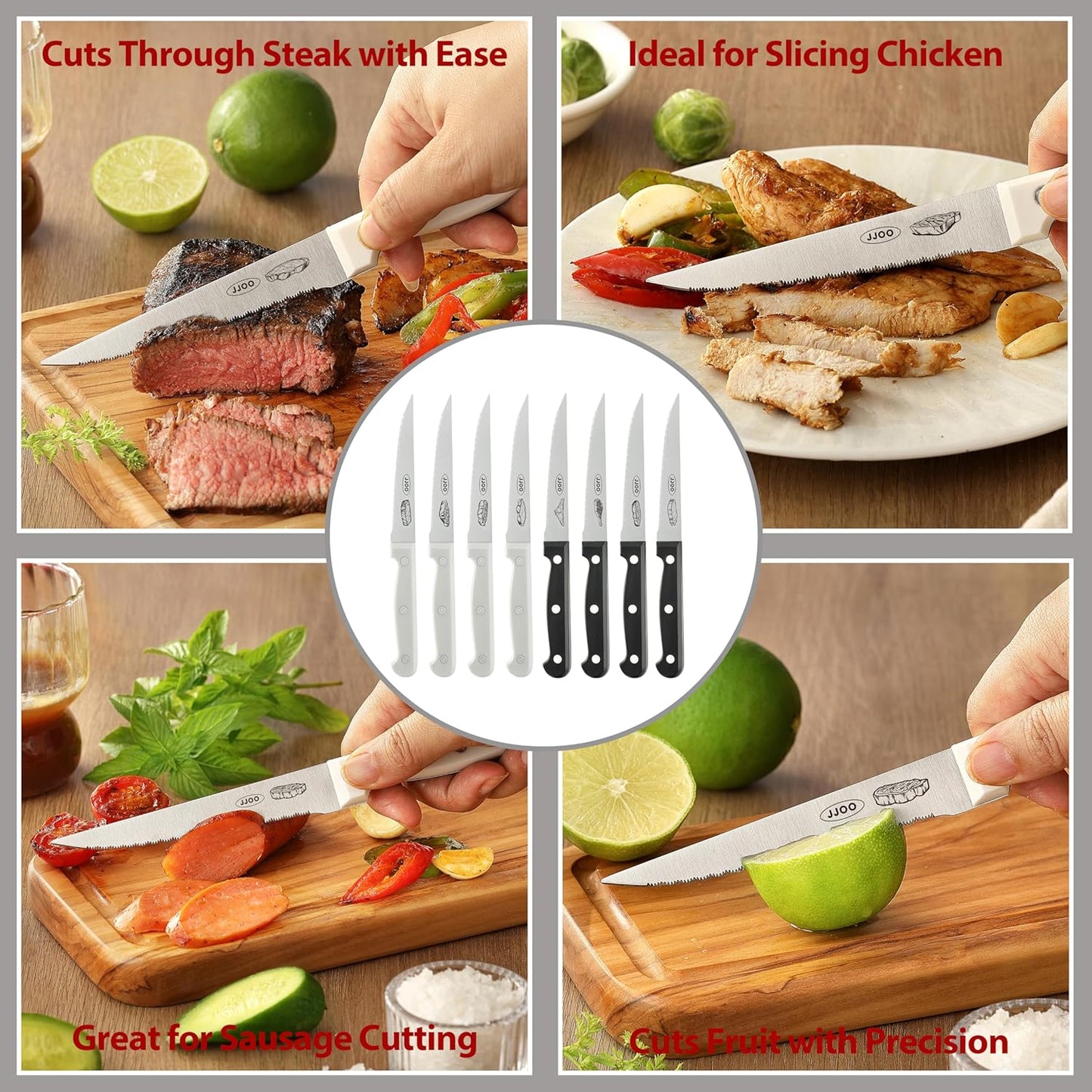Steak Knives Set of 8, Serrated Steak Knives Set of 4 for Black and 4 for White, Dishwasher Safe (Unique Pattern)