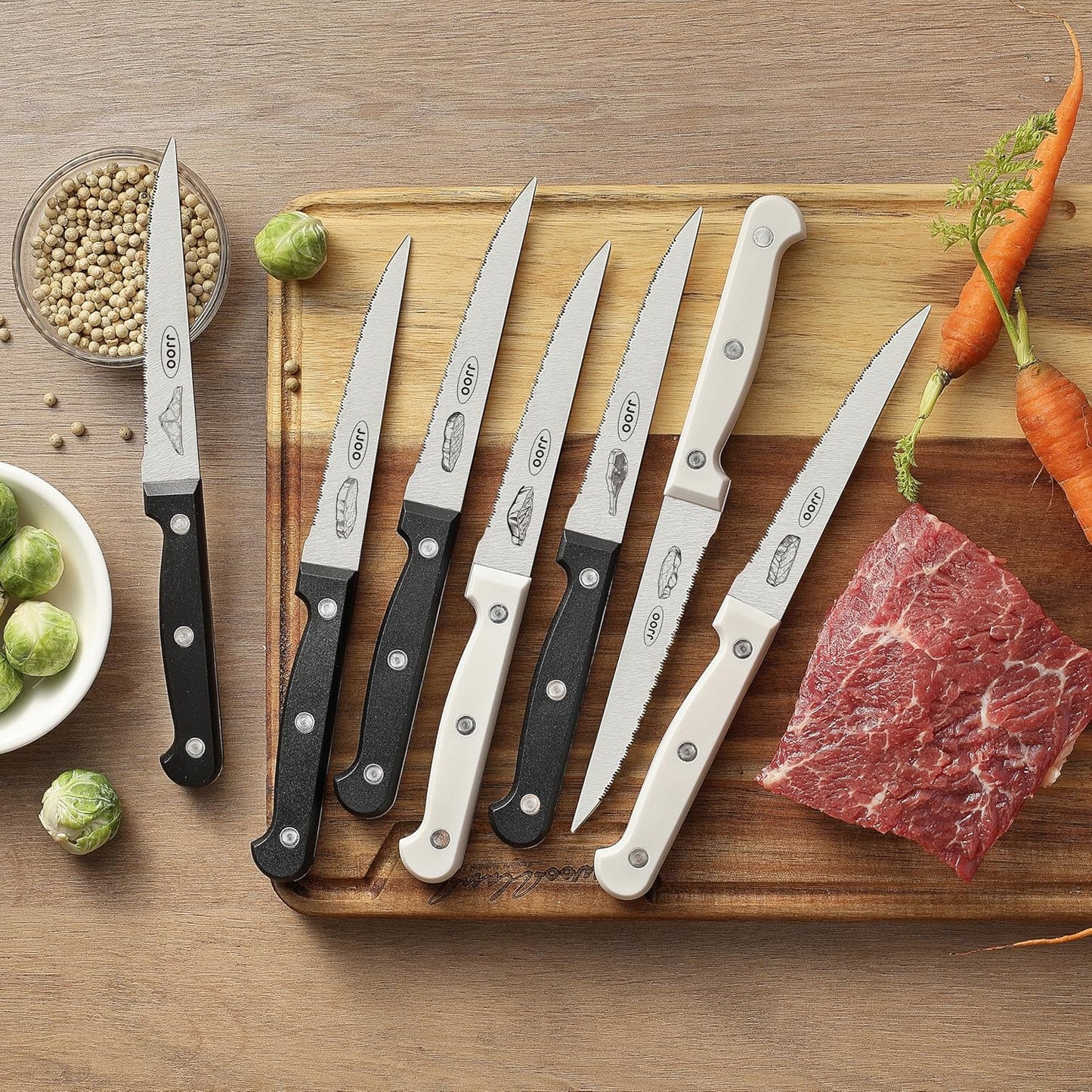 Steak Knives Set of 8, Serrated Steak Knives Set of 4 for Black and 4 for White, Dishwasher Safe (Unique Pattern)
