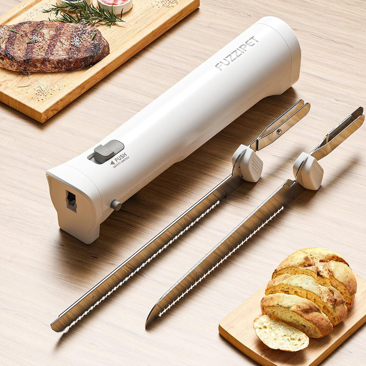 Cordless Electric Knife, Electric Bread Knife with 4 Stainless Steel Blades, Electric Cutting Knife for Cutting Meats, Poultry, Bread, Cheese & More (White)