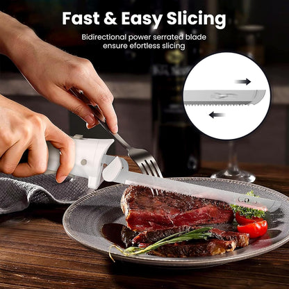 Cordless Electric Knife, Electric Bread Knife with 4 Stainless Steel Blades, Electric Cutting Knife for Cutting Meats, Poultry, Bread, Cheese & More (White)