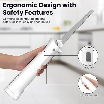 Cordless Electric Knife, Electric Bread Knife with 4 Stainless Steel Blades, Electric Cutting Knife for Cutting Meats, Poultry, Bread, Cheese & More (White)