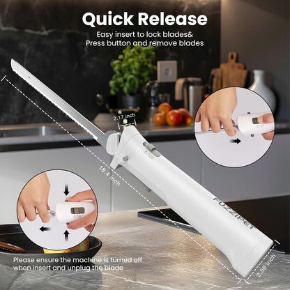 Cordless Electric Knife, Electric Bread Knife with 4 Stainless Steel Blades, Electric Cutting Knife for Cutting Meats, Poultry, Bread, Cheese & More (White)