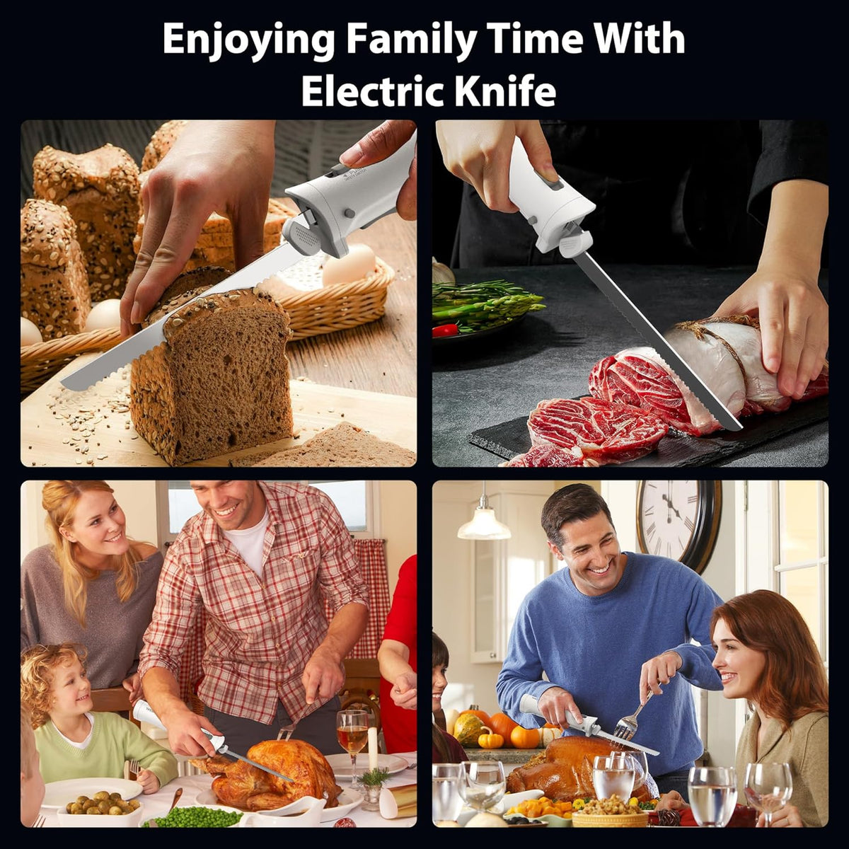 Cordless Electric Knife, Electric Bread Knife with 4 Stainless Steel Blades, Electric Cutting Knife for Cutting Meats, Poultry, Bread, Cheese & More (White)