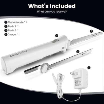 Cordless Electric Knife, Electric Bread Knife with 4 Stainless Steel Blades, Electric Cutting Knife for Cutting Meats, Poultry, Bread, Cheese & More (White)