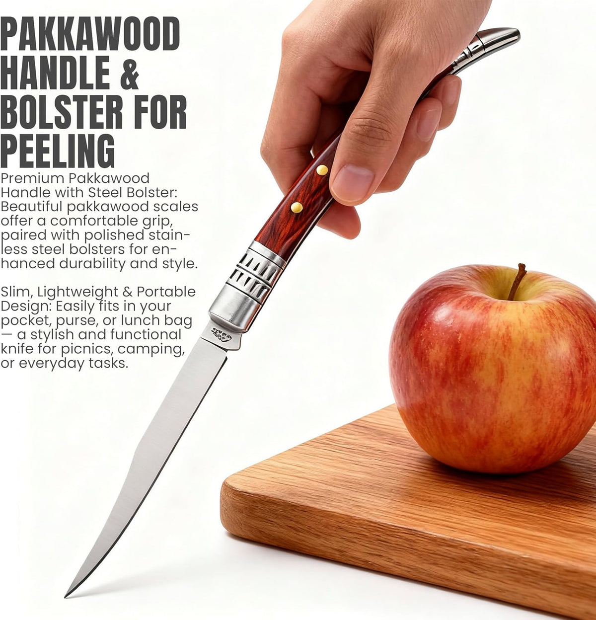 Rite Edge 5″ Spanish Folding Fruit Knife – Slim Pocket Knife with Stainless Steel Blade, Pakkawood Handle & Bolster for Peeling, Food Prep, Travel, and Everyday Carry (EDC)