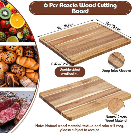 6 Pcs Large Acacia Wood Cutting Boards, Reversible Wooden Chopping Board with Juice Groove, Charcuterie Butcher Block for Kitchen Meat, Veggies & Fruit(18 x 14 Inch)