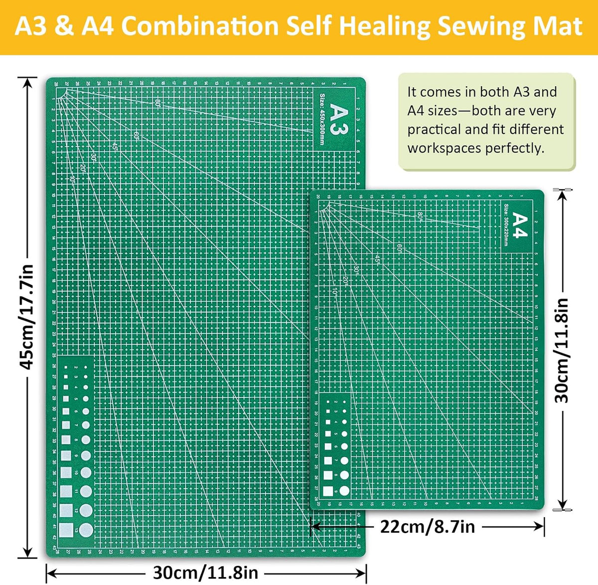 2 Pcs Large Cutting Mat Self Healing,Double Sided,Grid Line And Angles Help To Cut Precisely,Craft Mats for Scrapbooking, Quilting, Sewing and All Arts,Non Slip & Easy Clean ((A3 & A4 Green)