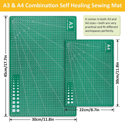 2 Pcs Large Cutting Mat Self Healing,Double Sided,Grid Line And Angles Help To Cut Precisely,Craft Mats for Scrapbooking, Quilting, Sewing and All Arts,Non Slip & Easy Clean ((A3 & A4 Green)