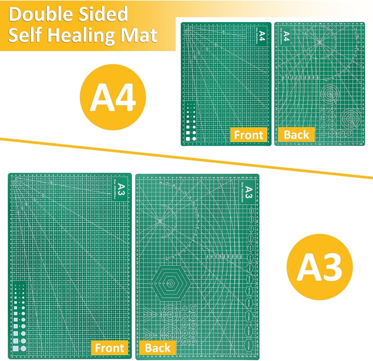 2 Pcs Large Cutting Mat Self Healing,Double Sided,Grid Line And Angles Help To Cut Precisely,Craft Mats for Scrapbooking, Quilting, Sewing and All Arts,Non Slip & Easy Clean ((A3 & A4 Green)