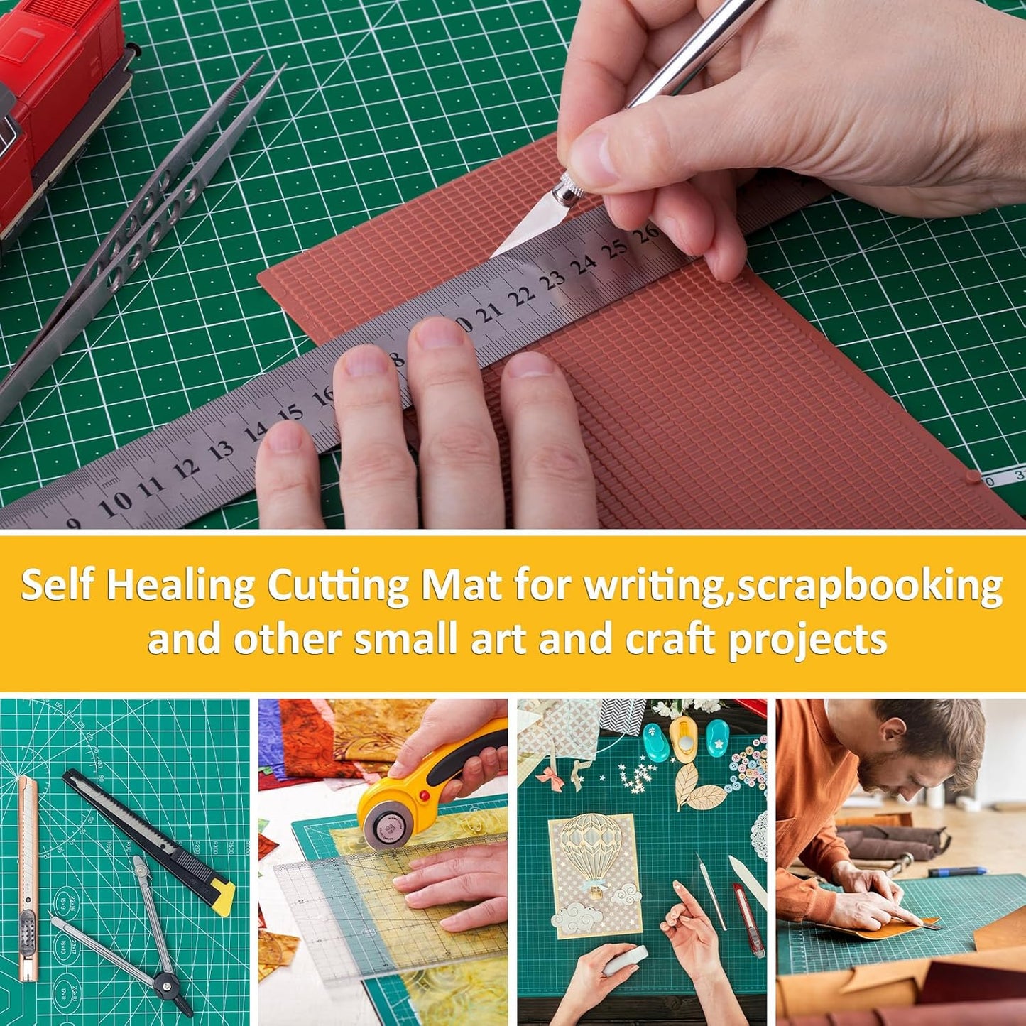 2 Pcs Large Cutting Mat Self Healing,Double Sided,Grid Line And Angles Help To Cut Precisely,Craft Mats for Scrapbooking, Quilting, Sewing and All Arts,Non Slip & Easy Clean ((A3 & A4 Green)