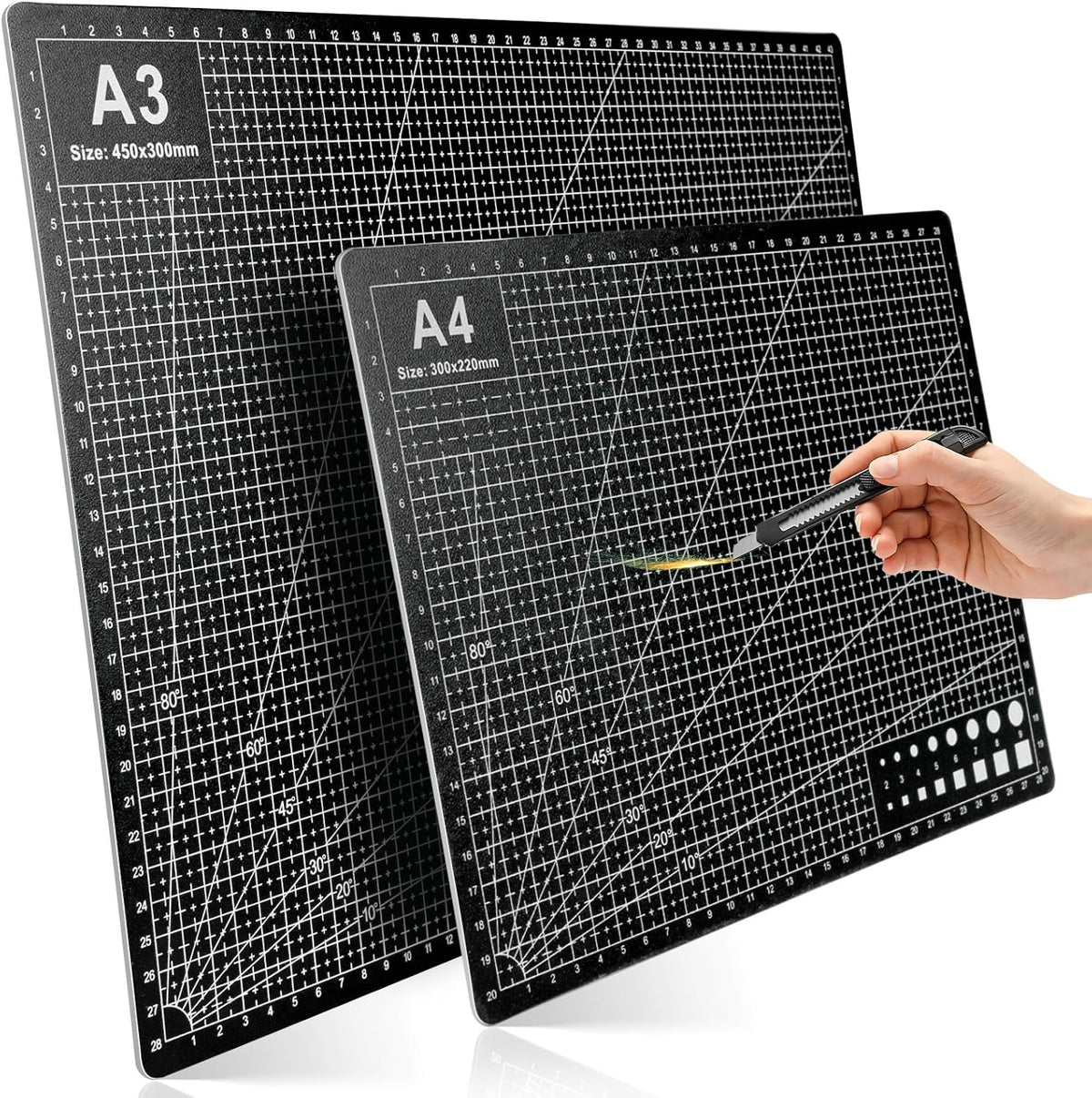 2 Pcs Large Cutting Mat Self Healing,Double Sided,Grid Line And Angles Help To Cut Precisely,Craft Mats for Scrapbooking, Quilting, Sewing and All Arts,Non Slip & Easy Clean ((A3 & A4 Green)