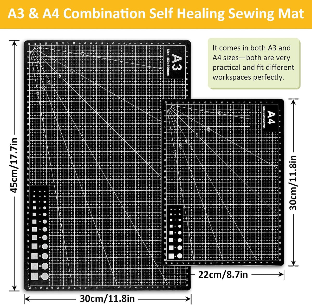2 Pcs Large Cutting Mat Self Healing,Double Sided,Grid Line And Angles Help To Cut Precisely,Craft Mats for Scrapbooking, Quilting, Sewing and All Arts,Non Slip & Easy Clean ((A3 & A4 Green)