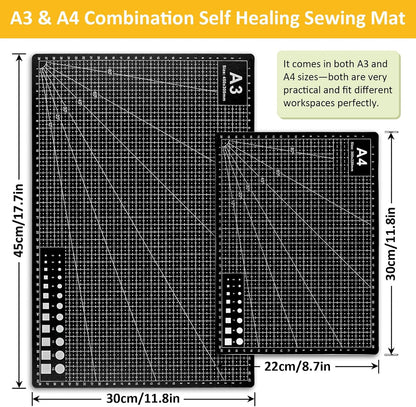 2 Pcs Large Cutting Mat Self Healing,Double Sided,Grid Line And Angles Help To Cut Precisely,Craft Mats for Scrapbooking, Quilting, Sewing and All Arts,Non Slip & Easy Clean ((A3 & A4 Green)