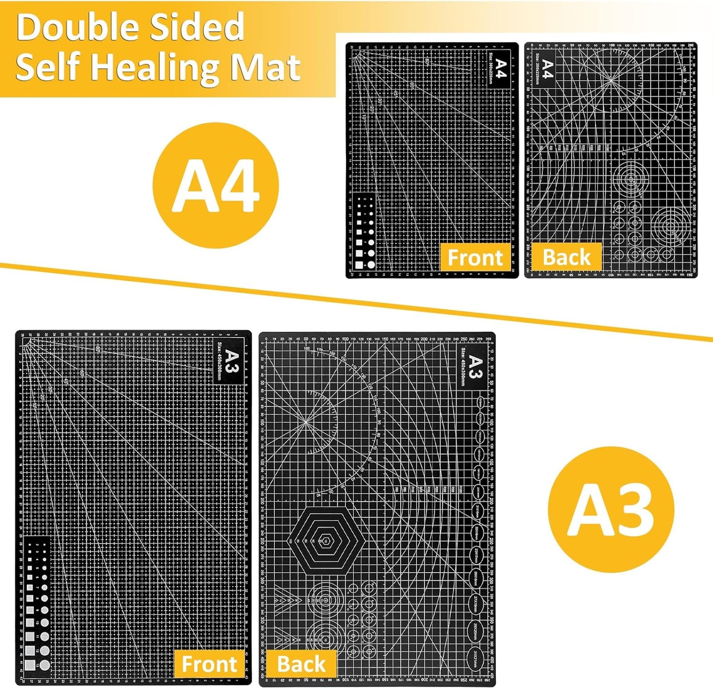 2 Pcs Large Cutting Mat Self Healing,Double Sided,Grid Line And Angles Help To Cut Precisely,Craft Mats for Scrapbooking, Quilting, Sewing and All Arts,Non Slip & Easy Clean ((A3 & A4 Green)