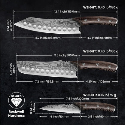 Japanese Kitchen Knife, 8.2 Inch Chef Knife, Carbon Steel Kiritsuke | Razor Sharp Santoku for Precision Cutting, Damascus Pattern, Full Tang Wood Handle, Housewarming Cooking Gifts