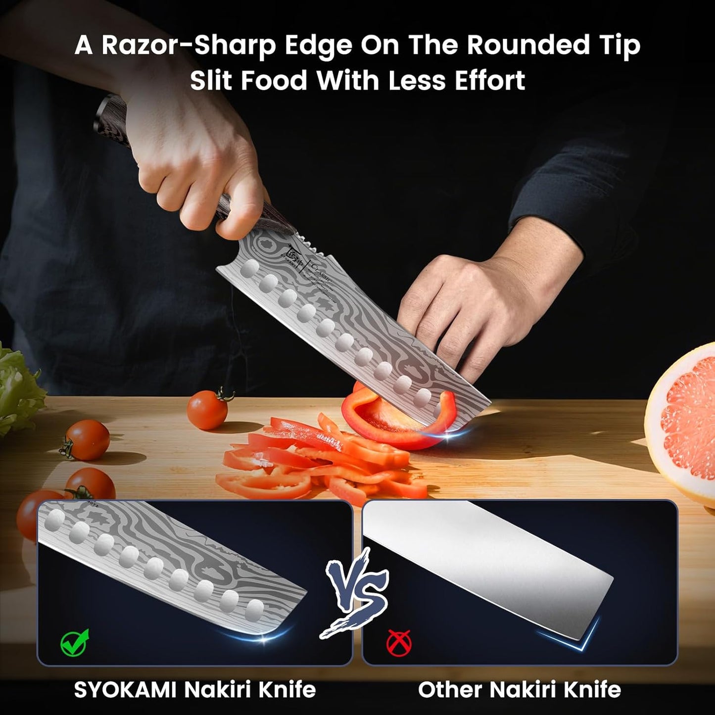 Japanese Kitchen Knife, 8.2 Inch Chef Knife, Carbon Steel Kiritsuke | Razor Sharp Santoku for Precision Cutting, Damascus Pattern, Full Tang Wood Handle, Housewarming Cooking Gifts