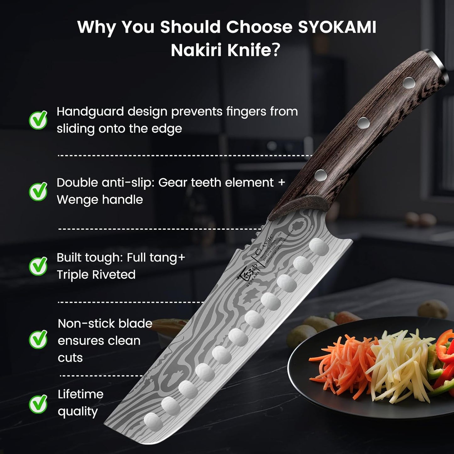 Japanese Kitchen Knife, 8.2 Inch Chef Knife, Carbon Steel Kiritsuke | Razor Sharp Santoku for Precision Cutting, Damascus Pattern, Full Tang Wood Handle, Housewarming Cooking Gifts