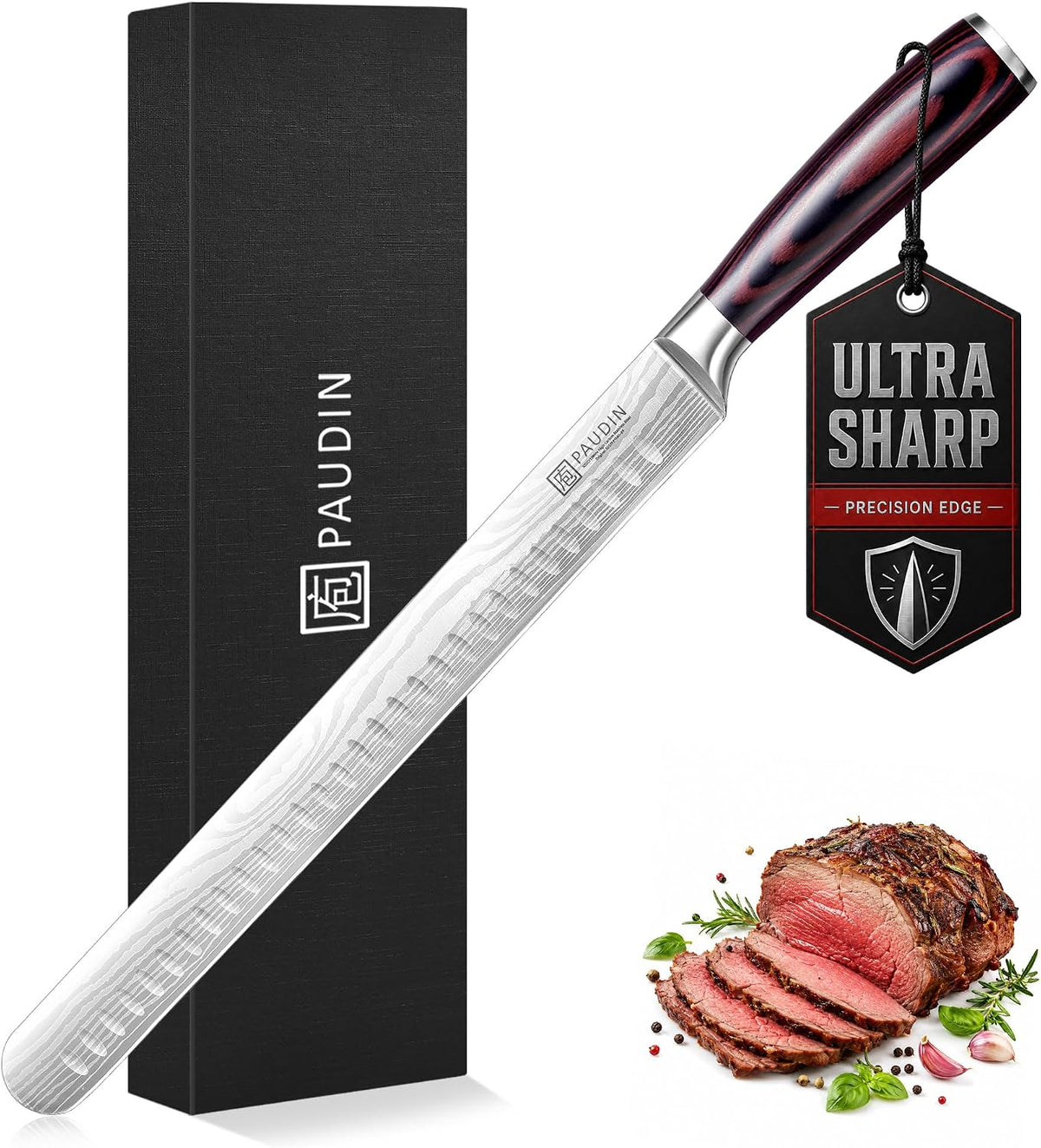 Brisket Knife, 12 Inch Carving Knife Stainless Steel Brisket Slicing Knifes with Granton Edge for Meat Cutting, Roasts, BBQ, Turkey - Grilling Gifts for Men