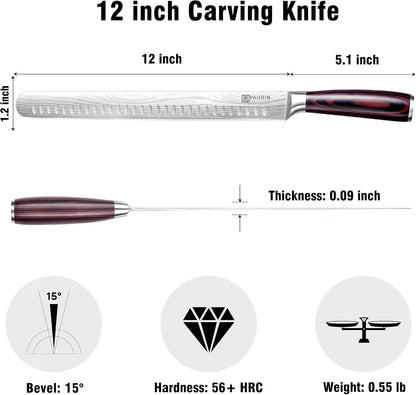 Brisket Knife, 12 Inch Carving Knife Stainless Steel Brisket Slicing Knifes with Granton Edge for Meat Cutting, Roasts, BBQ, Turkey - Grilling Gifts for Men