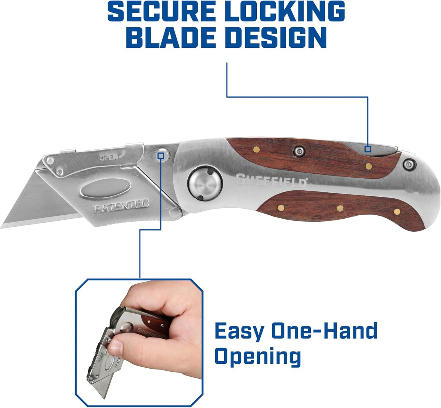 Folding Utility Knife with Premium Hardwood Handle Design | Secure Locking Box Cutter, Quick-Change Utility Knife Blade Feature, Cardboard Cutter with Pocket Clip