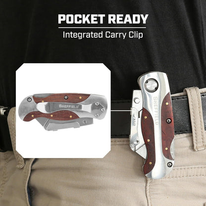 Folding Utility Knife with Premium Hardwood Handle Design | Secure Locking Box Cutter, Quick-Change Utility Knife Blade Feature, Cardboard Cutter with Pocket Clip