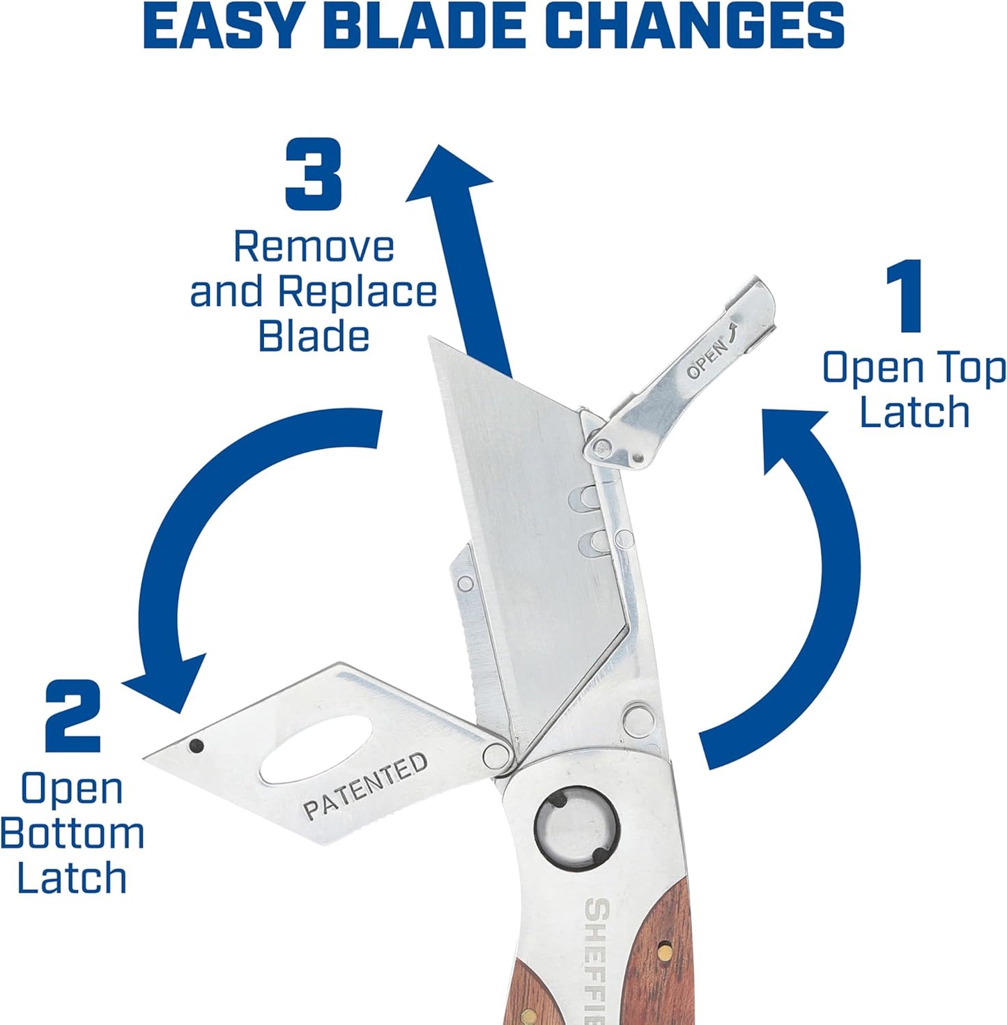 Folding Utility Knife with Premium Hardwood Handle Design | Secure Locking Box Cutter, Quick-Change Utility Knife Blade Feature, Cardboard Cutter with Pocket Clip