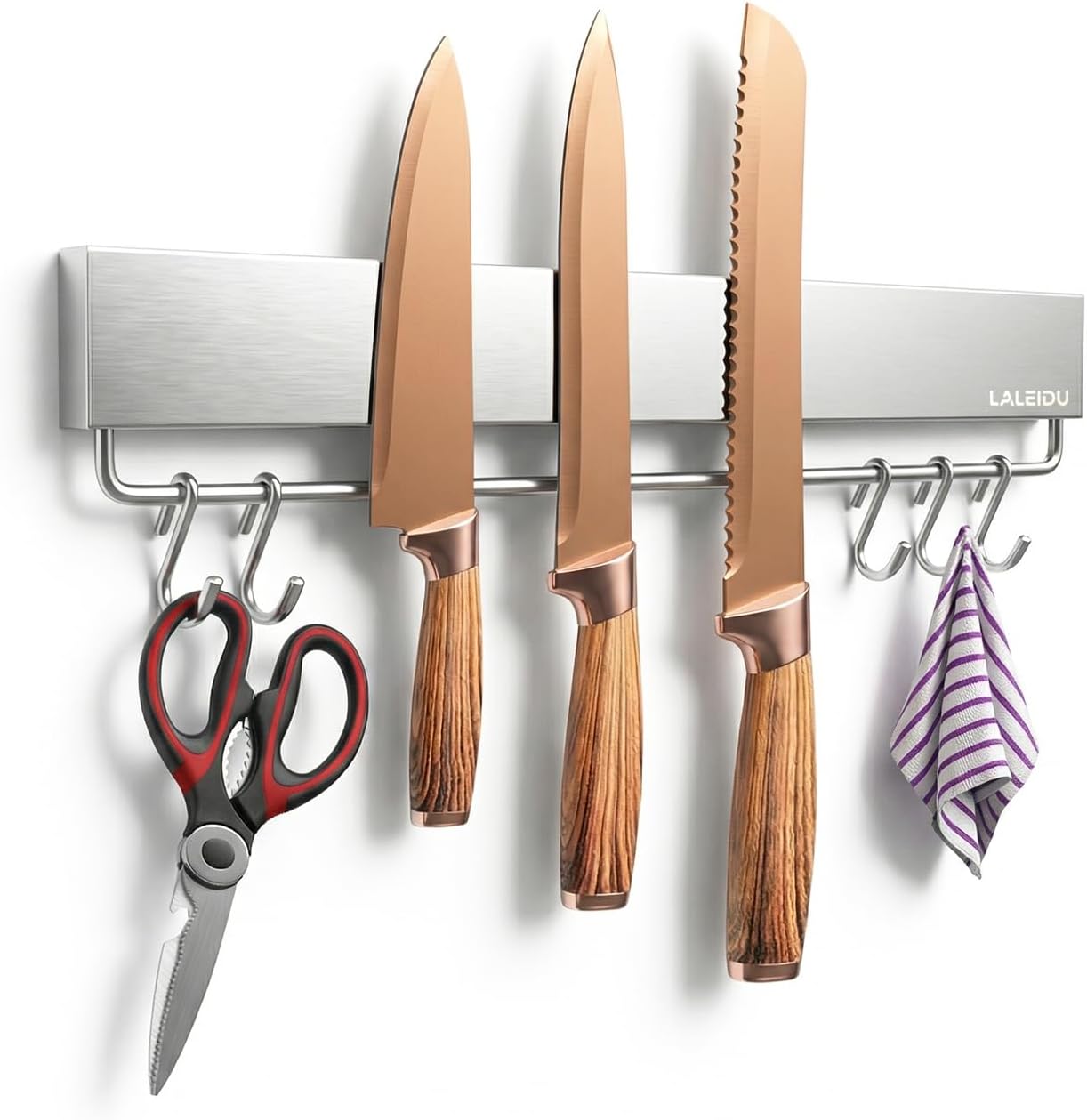 12 Inch Magnetic Knife Holder for Wall - Magnetic Knife Strip with Strong Magnets, Stainless Steel Magnetic Knife Bar with 5 Hooks/Adhesive Tape/Screws, Wall Mounted Knife Storage for Kitchen