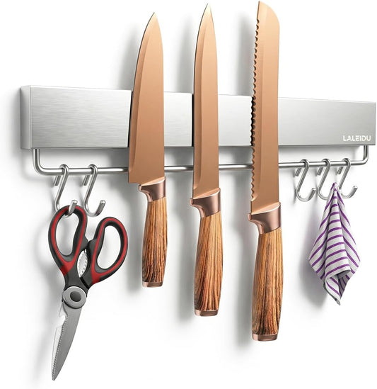 12 Inch Magnetic Knife Holder for Wall - Magnetic Knife Strip with Strong Magnets, Stainless Steel Magnetic Knife Bar with 5 Hooks/Adhesive Tape/Screws, Wall Mounted Knife Storage for Kitchen