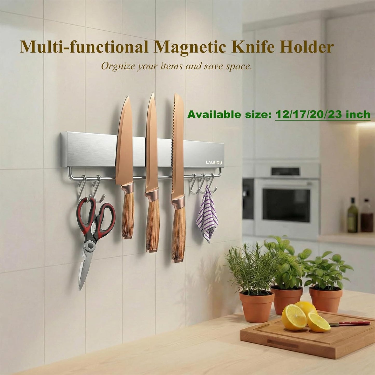 12 Inch Magnetic Knife Holder for Wall - Magnetic Knife Strip with Strong Magnets, Stainless Steel Magnetic Knife Bar with 5 Hooks/Adhesive Tape/Screws, Wall Mounted Knife Storage for Kitchen