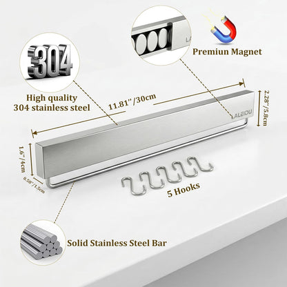 12 Inch Magnetic Knife Holder for Wall - Magnetic Knife Strip with Strong Magnets, Stainless Steel Magnetic Knife Bar with 5 Hooks/Adhesive Tape/Screws, Wall Mounted Knife Storage for Kitchen