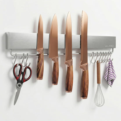 12 Inch Magnetic Knife Holder for Wall - Magnetic Knife Strip with Strong Magnets, Stainless Steel Magnetic Knife Bar with 5 Hooks/Adhesive Tape/Screws, Wall Mounted Knife Storage for Kitchen