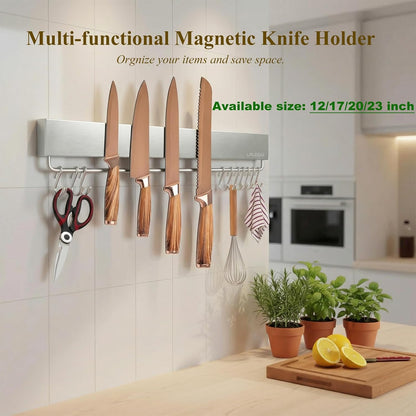 12 Inch Magnetic Knife Holder for Wall - Magnetic Knife Strip with Strong Magnets, Stainless Steel Magnetic Knife Bar with 5 Hooks/Adhesive Tape/Screws, Wall Mounted Knife Storage for Kitchen