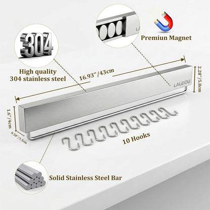 12 Inch Magnetic Knife Holder for Wall - Magnetic Knife Strip with Strong Magnets, Stainless Steel Magnetic Knife Bar with 5 Hooks/Adhesive Tape/Screws, Wall Mounted Knife Storage for Kitchen